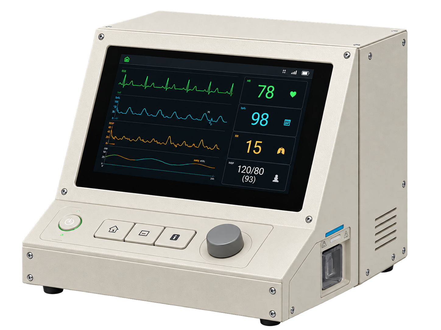 AI-generated concept: patient monitor in a sheet-metal cabinet