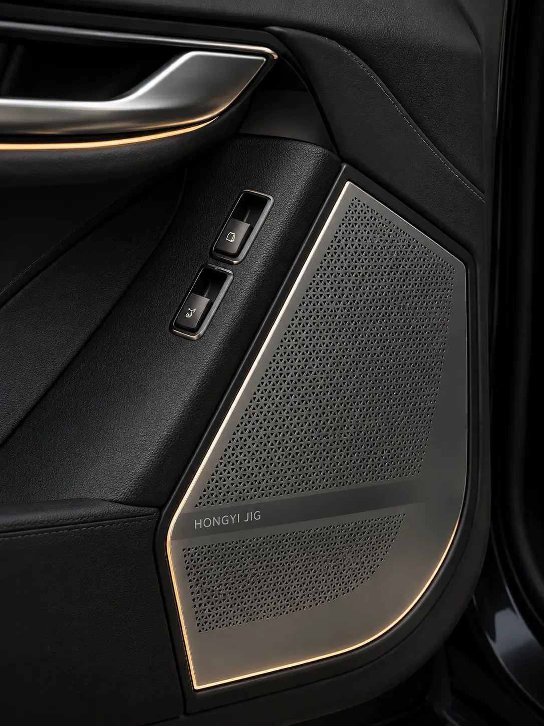 Metal insert, set into a leather-textured plastic panel