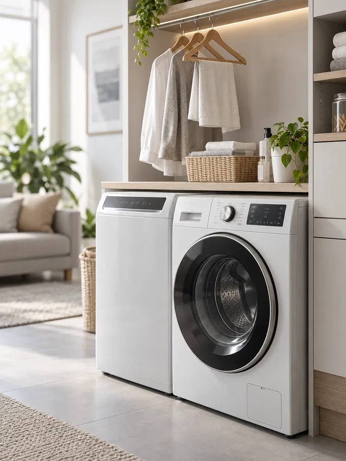 Front-load washing machine and dryer in a laundry room with hanging clothes and folded towels