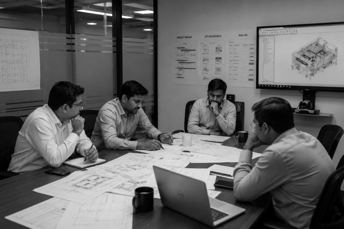 Team reviewing project drawings in a boardroom