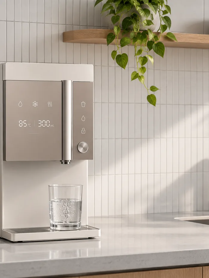 Countertop instant hot and cold water dispenser with digital display, dispensing water into a glass
